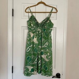 Silk Dress OC Green & White Paisley  Adjustable Straps Lined Padded Bust Sz 4